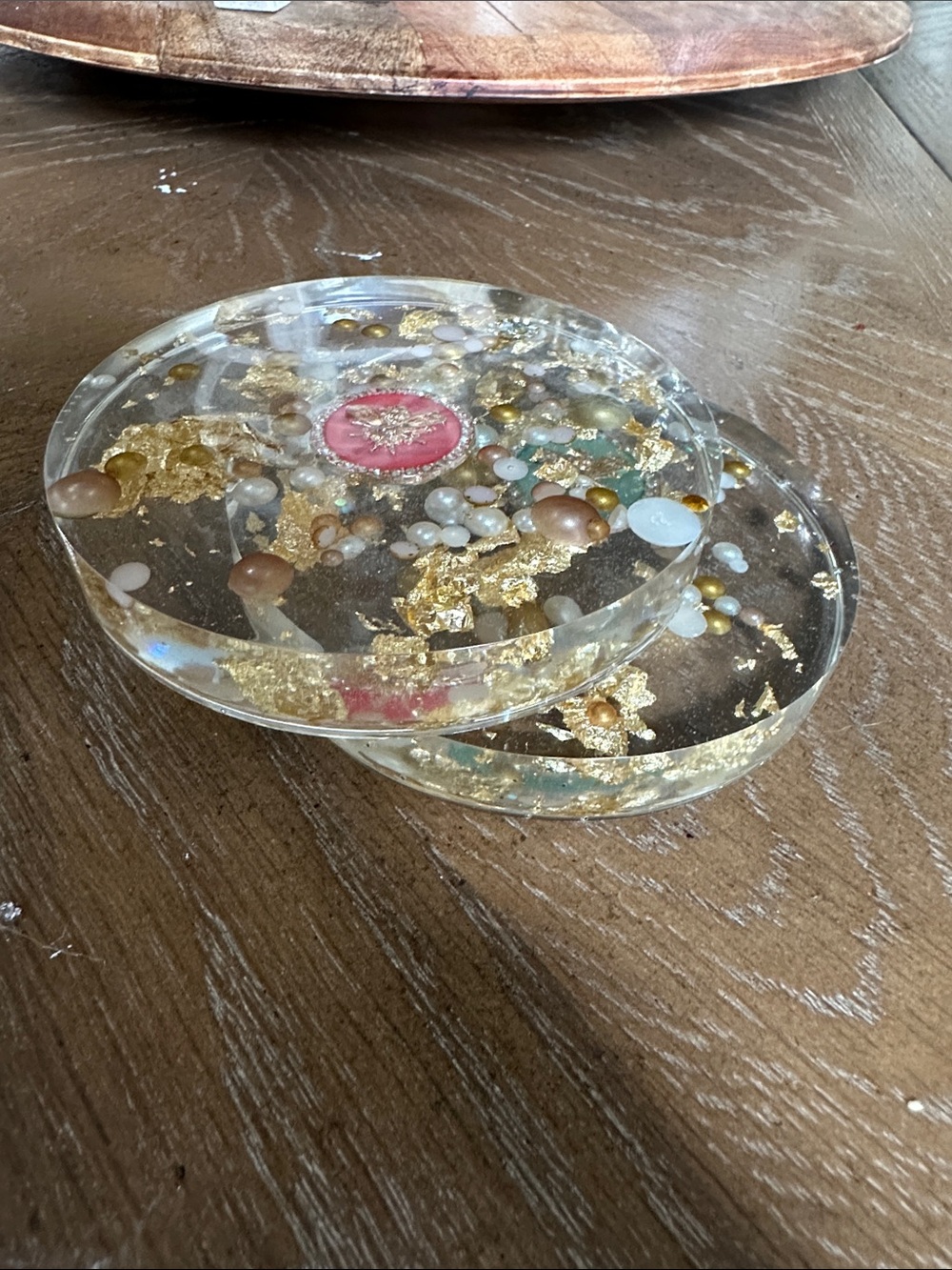 Handmade Clear Resin coasters (2) with Gold and Pink Accents - Picture 4 of 4